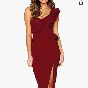 One shoulder, deep red dress with ruffle accent and slit. NWT. Size small.